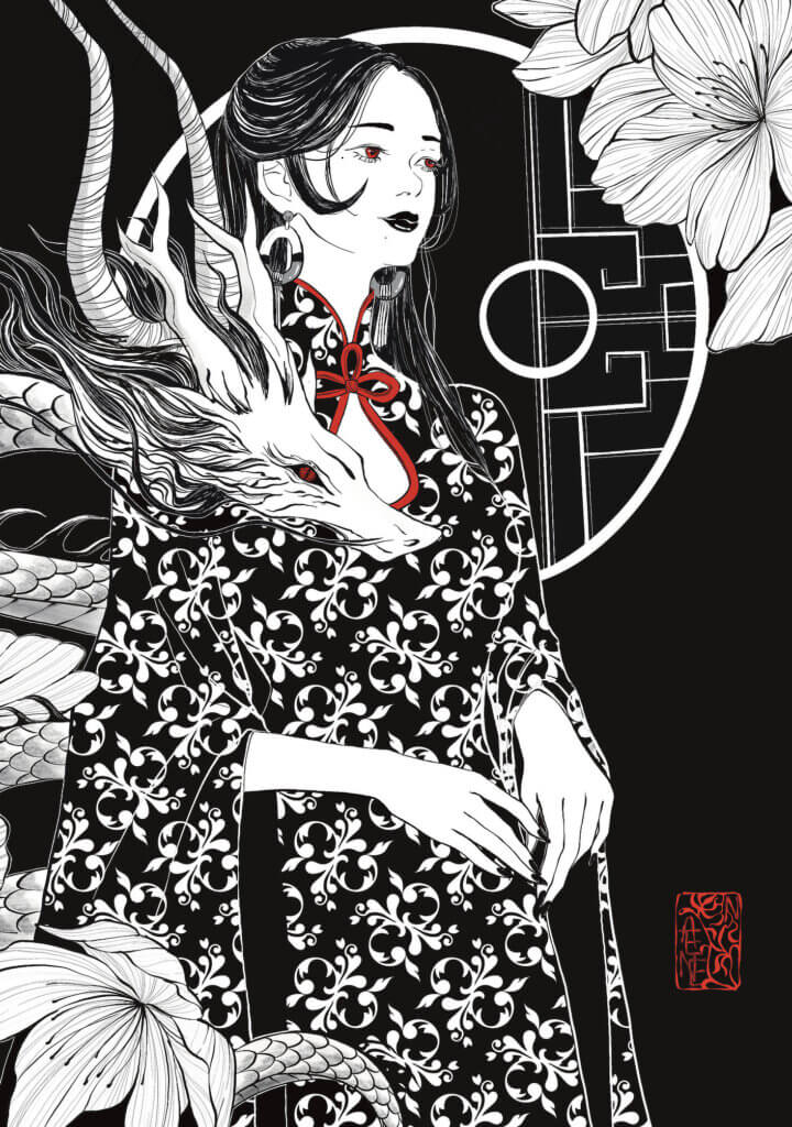 Illustration de femme japonaise en kimono avec un dragon